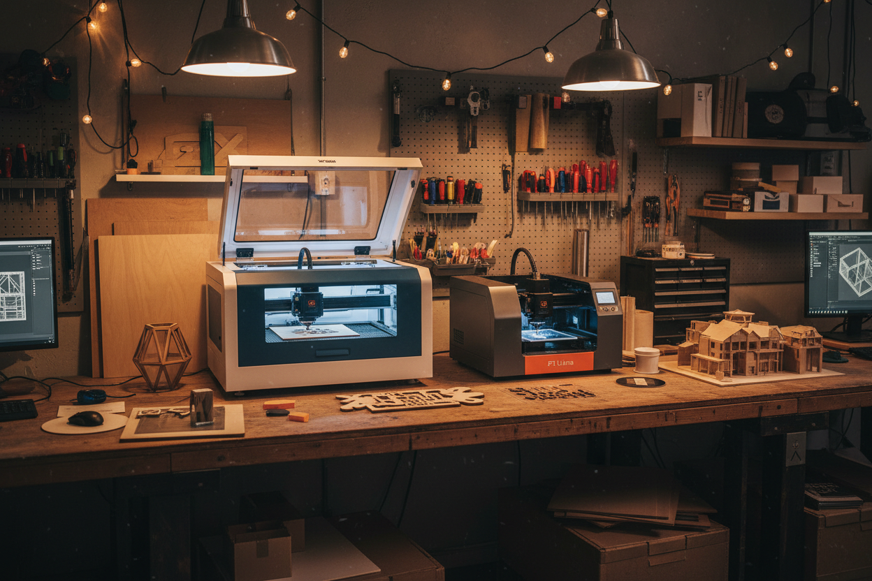 Un atelier de création avec une machine laser Xtool P2 et une machine xTool F1 ultra